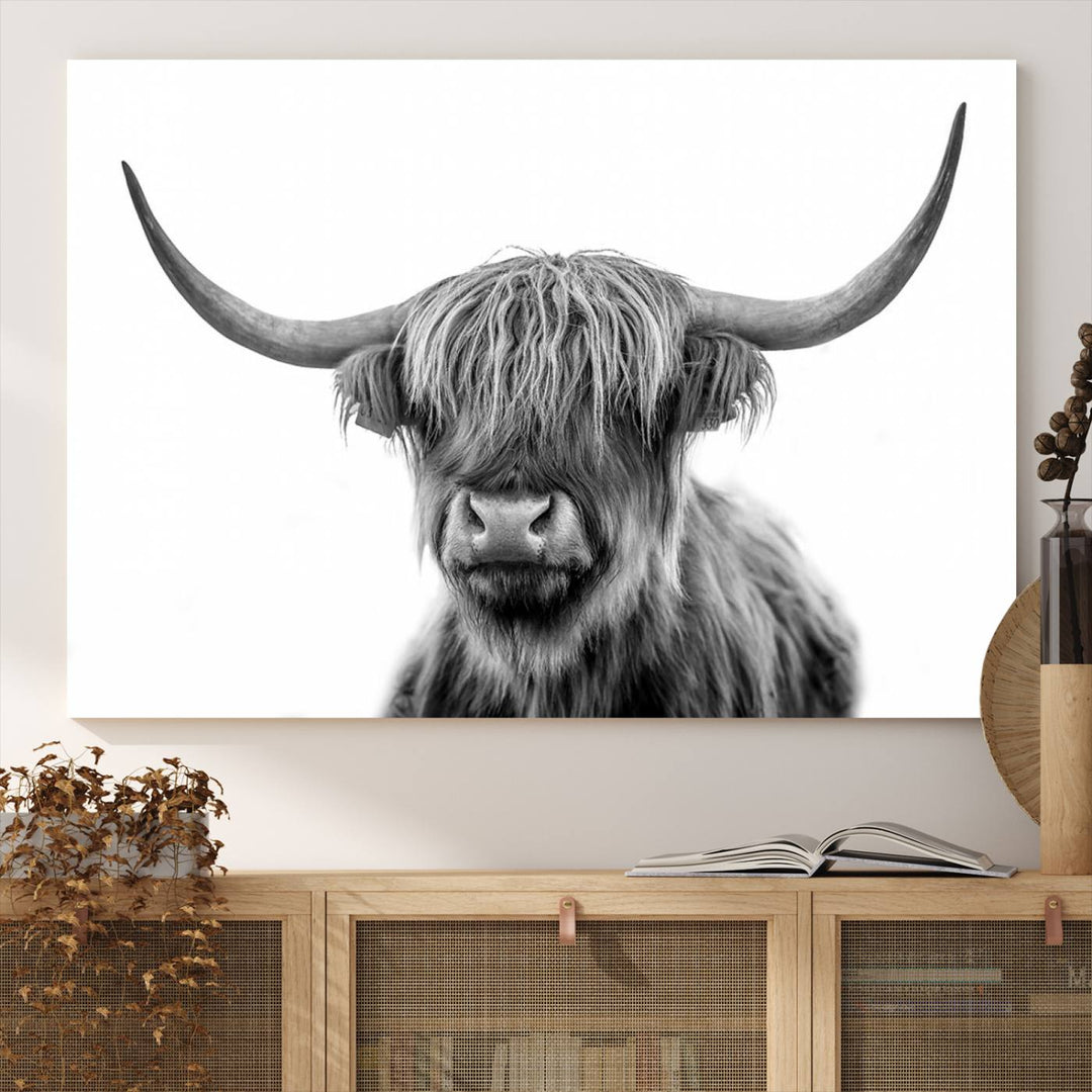 The Grayscale Scottish Highland Cow canvas is a museum-quality piece perfect for your dining room. Enjoy free shipping on this stunning artwork!.