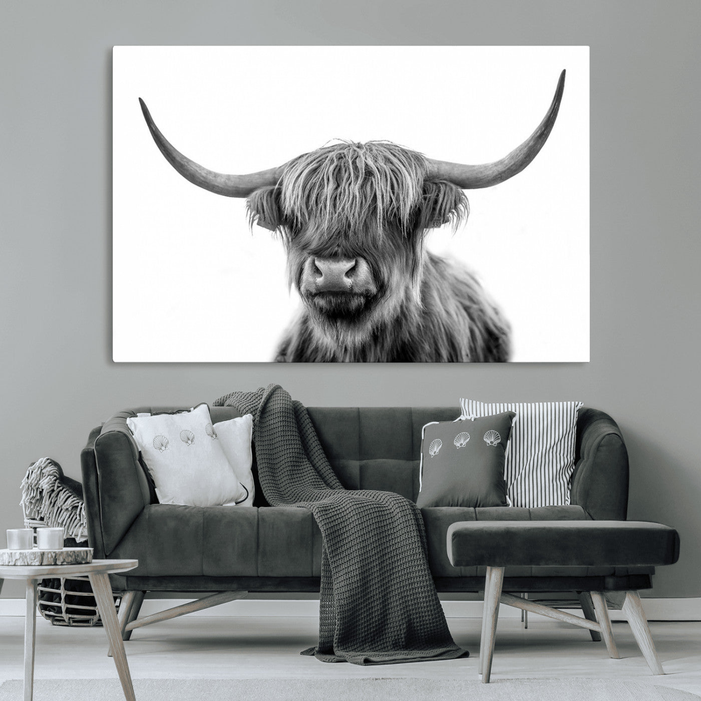 MGV-CV-36X24 - Grayscale Scottish Highland Cow Cattle Art Print Farmhouse Wall Art Canvas Print
