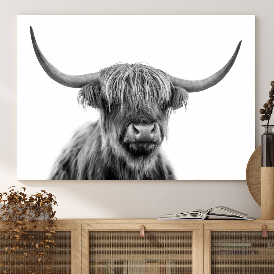 A Scottish Highland Cow Art Canvas adds charm to the farmhouse decor.