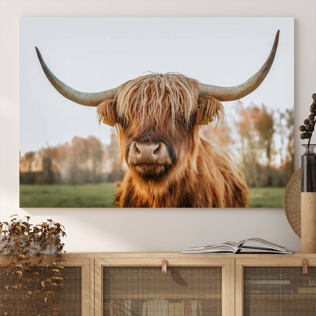 A dining room featuring a Highland Cow Animal Scottish Cattle canvas.