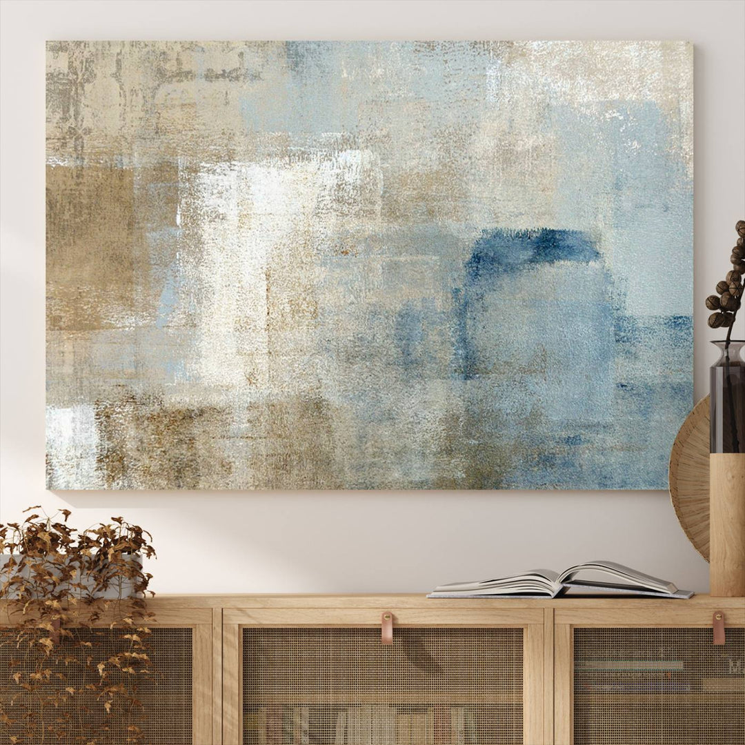 Abstract Blue and Beige Wall Art canvas print set with a modern minimalist aesthetic.