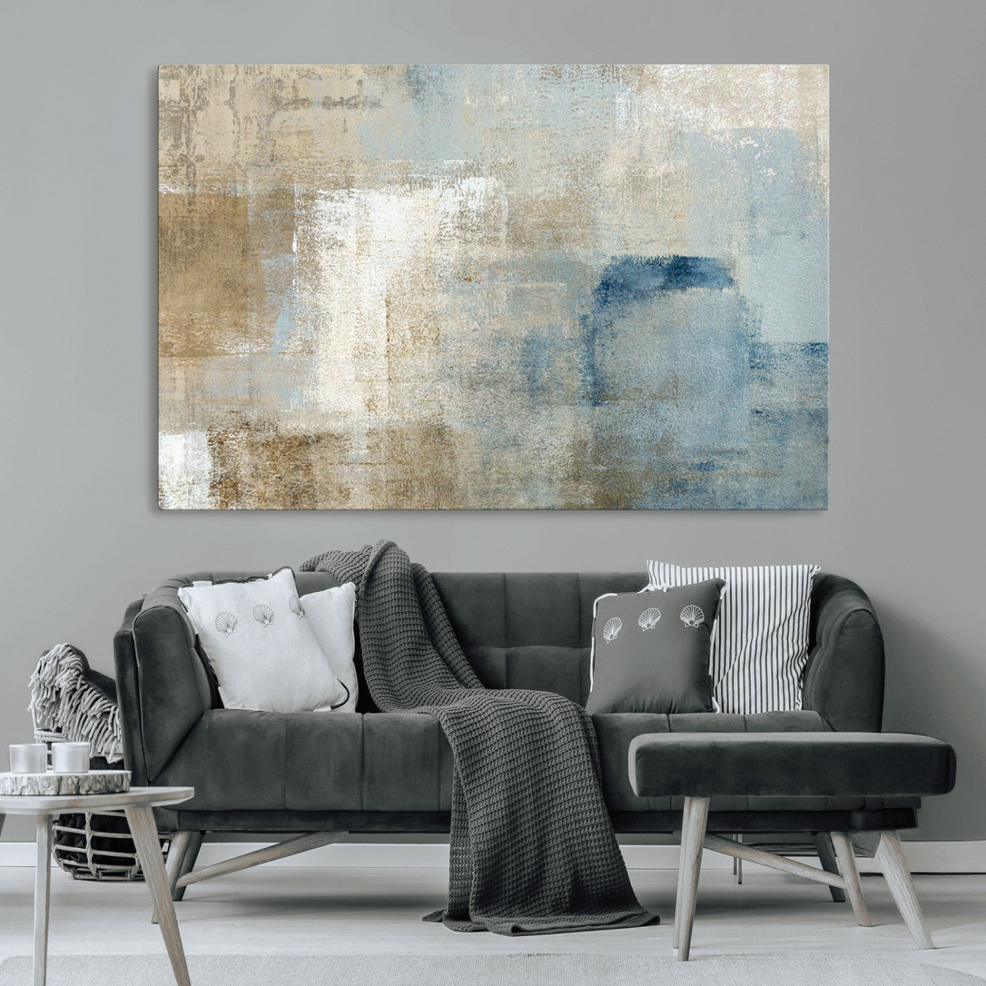 MGV-CV-36X24 - Abstract Blue and Beige Wall Art, Modern Minimalist Canvas Print Set, Giclee Textured Art, Large Multi-Panel Artwork for Living Room