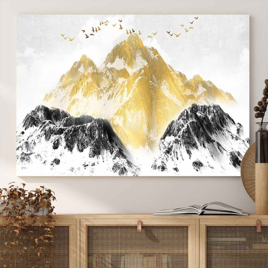 Golden Mountain Triptych Wall Art features gold-tinted mountains and birds.