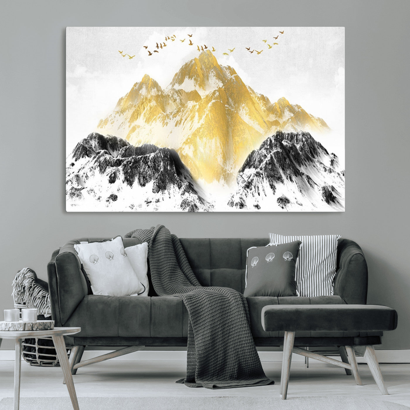 MGV-CV-36X24 - Golden Mountain Triptych Wall Art, Modern Giclee Canvas Print, Nature Landscape Decor for Living Room, Contemporary Gold and Black Wall Art