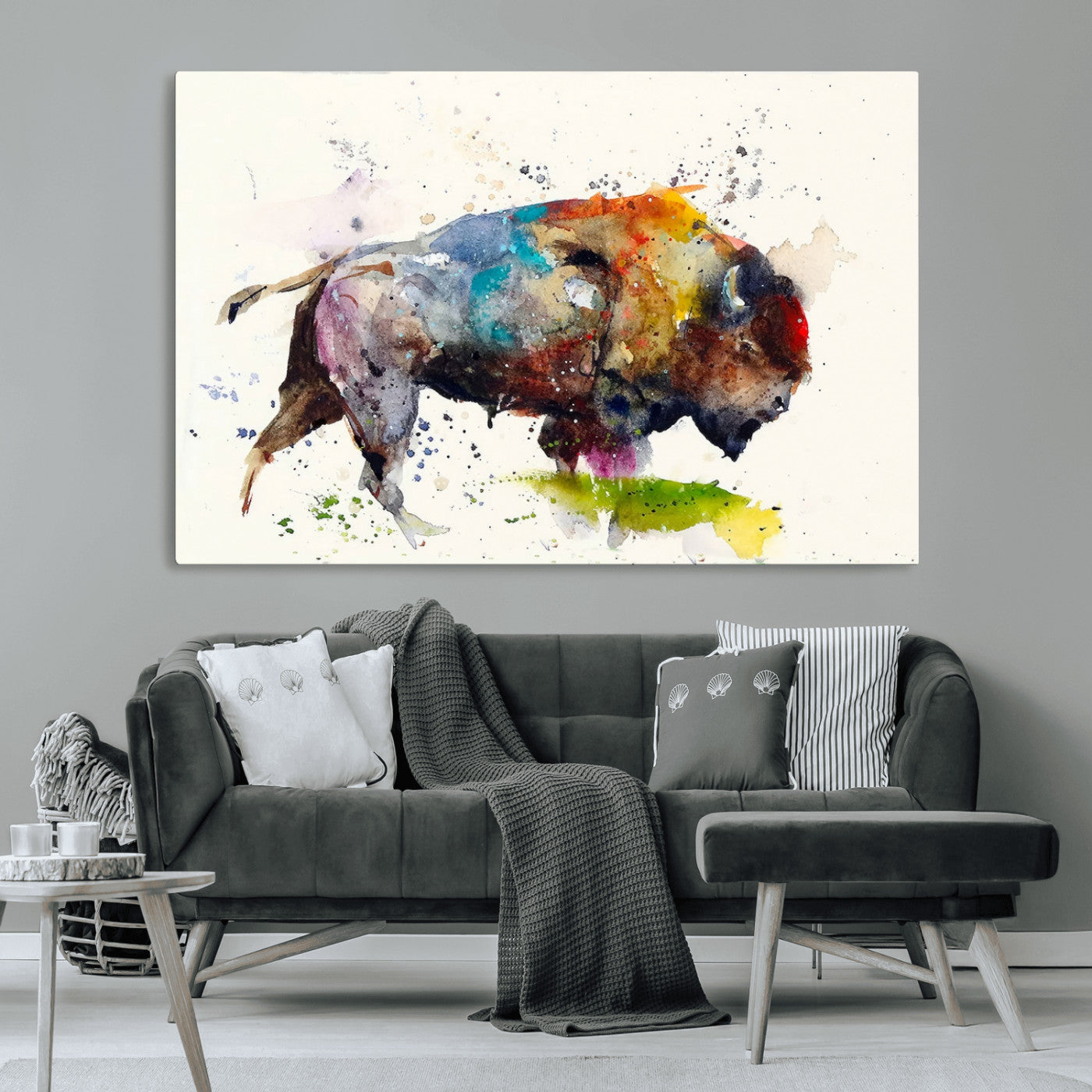 MGV-CV-36X24 - Abstract Buffalo Wall Art, Western Watercolor Bison Canvas Print, Rustic Buffalo Art for Cowboy and Western Decor, Large Multi-Panel Giclee Canvas