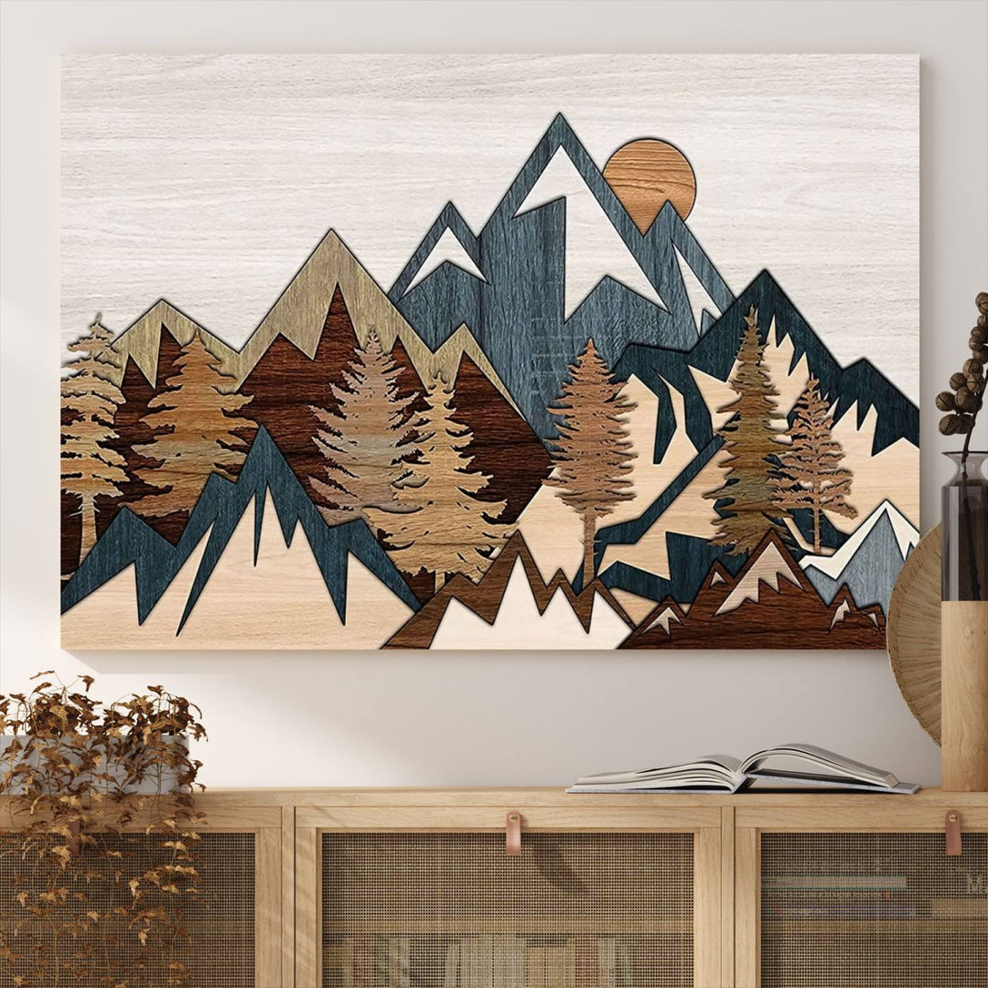 A Woodland Mountain Landscape Triptych serves as the centerpiece of the rustic decor.