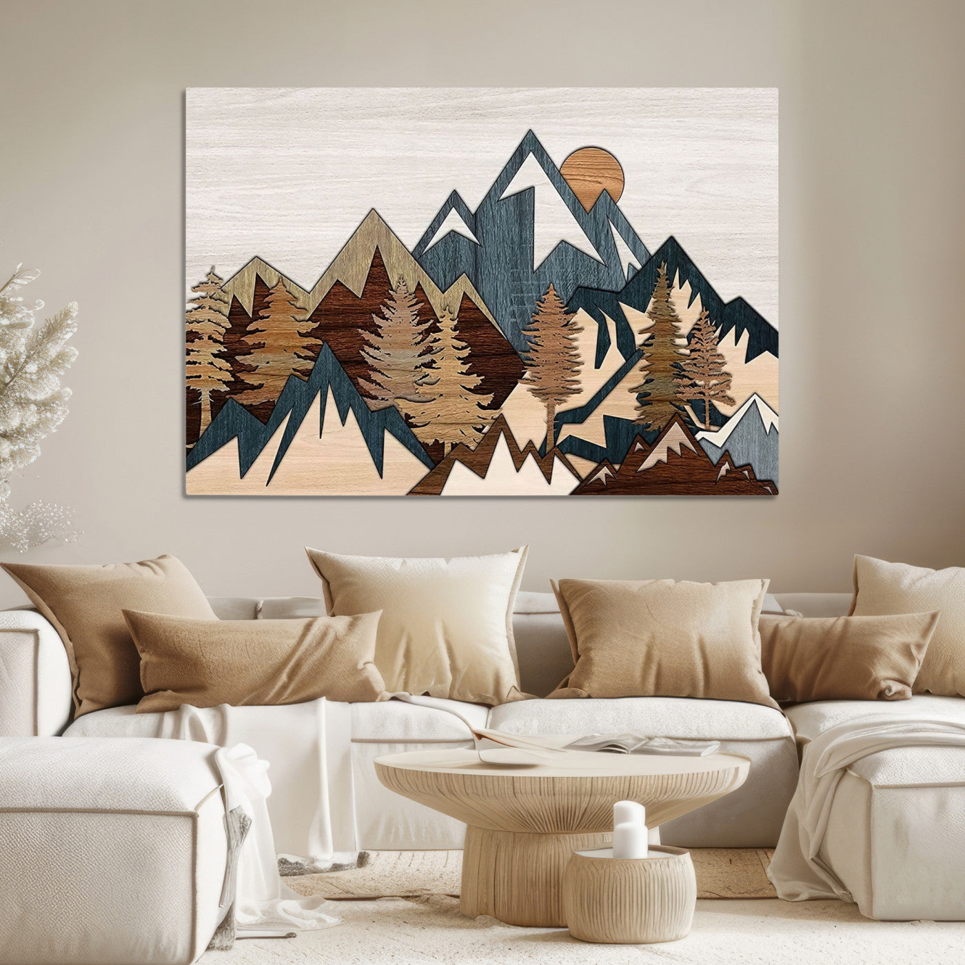 67950-MGV-CV-36X24-Rustic Abstract Wood Panel Effect Canvas Mountain Range Top Wood Wall Art Canvas Print