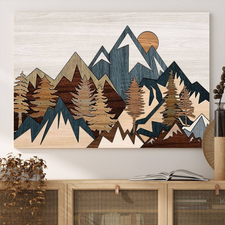 A Woodland Mountain Landscape Triptych serves as the centerpiece of the rustic decor.