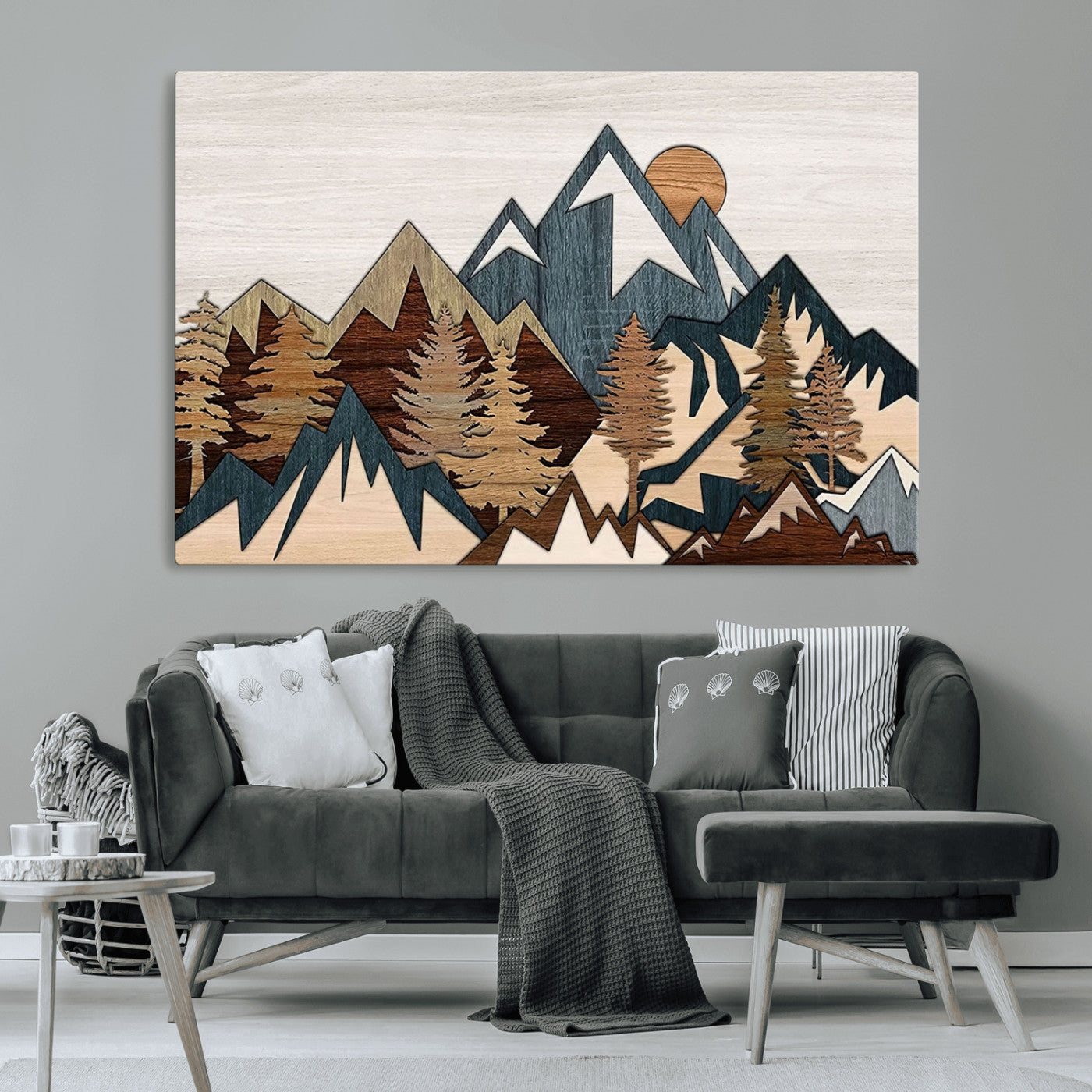 MGV-CV-36X24 - Woodland Mountain Landscape Triptych, Giclee Canvas Art for Modern Home, Rustic Wooden Nature Wall Art, Large Mountain and Tree Canvas for Living Room