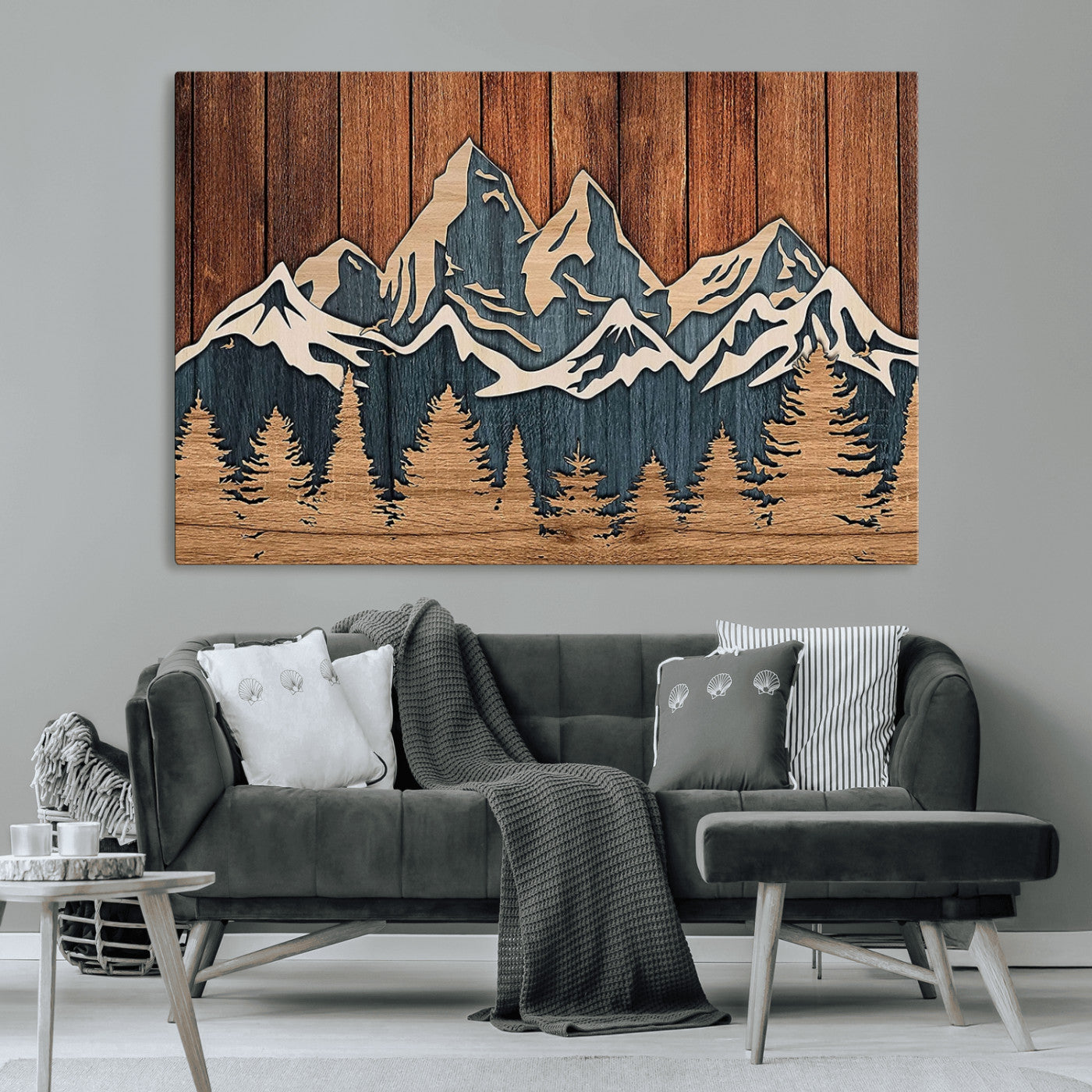 MGV-CV-36X24 - Rustic Wood Style Mountain Wall Art, Nature Forest Canvas Print, Wooden Textured Mountain Artwork, Handcrafted Landscape Decor for Farmhouse Decor