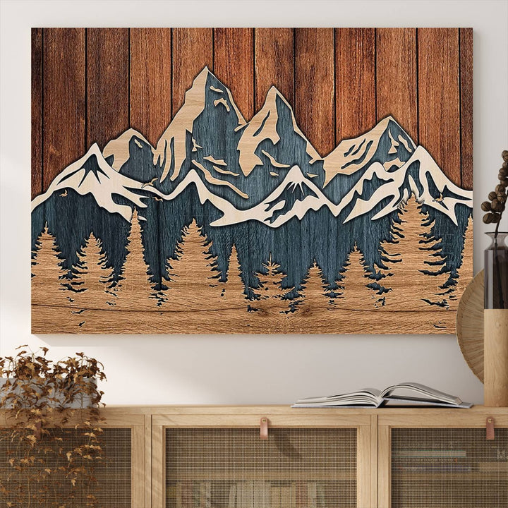 Rustic Wood Style Mountain Wall Art hangs on the wall.