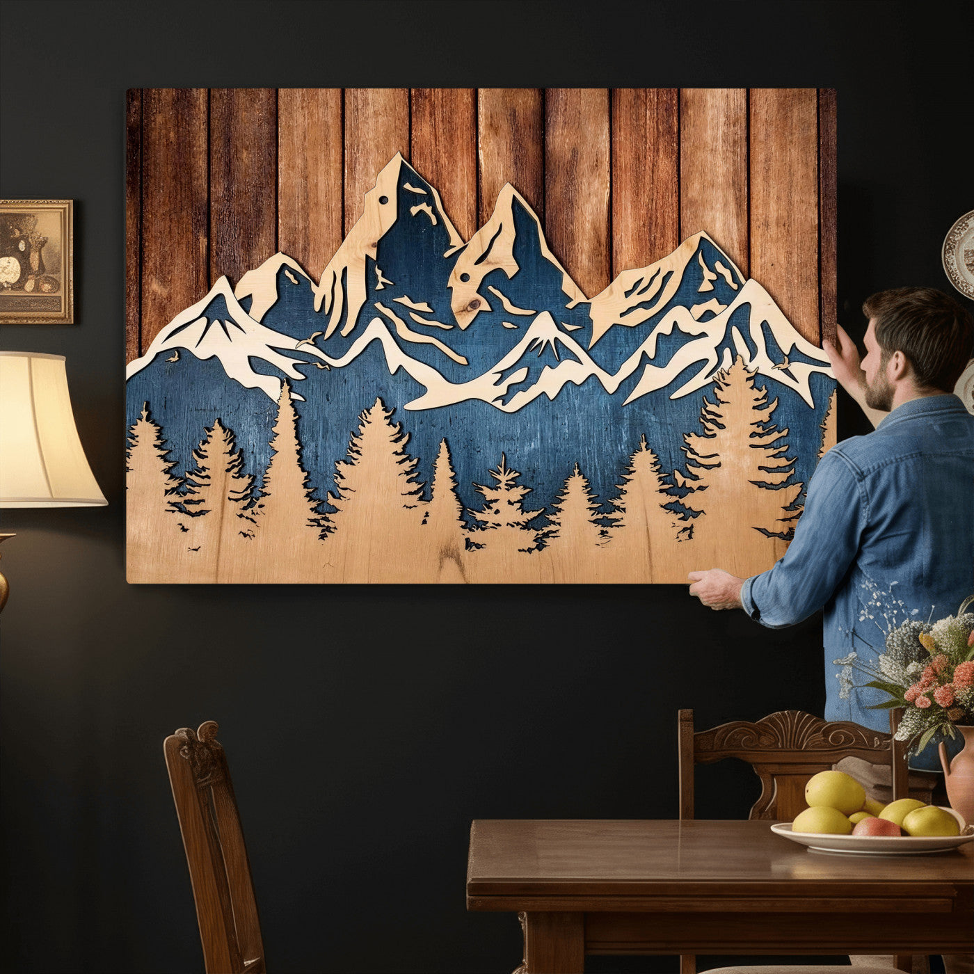 41330-MGV-CV-36X24 - Rustic Wood Style Mountain Wall Art, Nature Forest Canvas Print, Wooden Textured Mountain Artwork Print