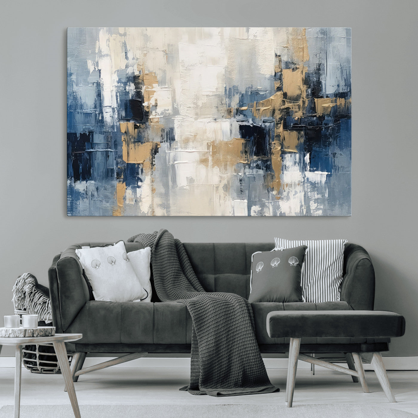 MGV-CV-36X24 - Modern Abstract Canvas Wall Art in Blue and Gold Tones | Large Contemporary Art for Living Room, Office, or Bedroom Décor