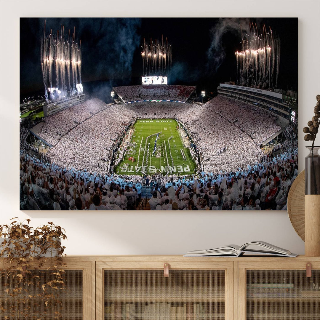 The perfect Penn State Football canvas wall art features a depiction of Beaver Stadium filled with fans in white, with fireworks exploding above.