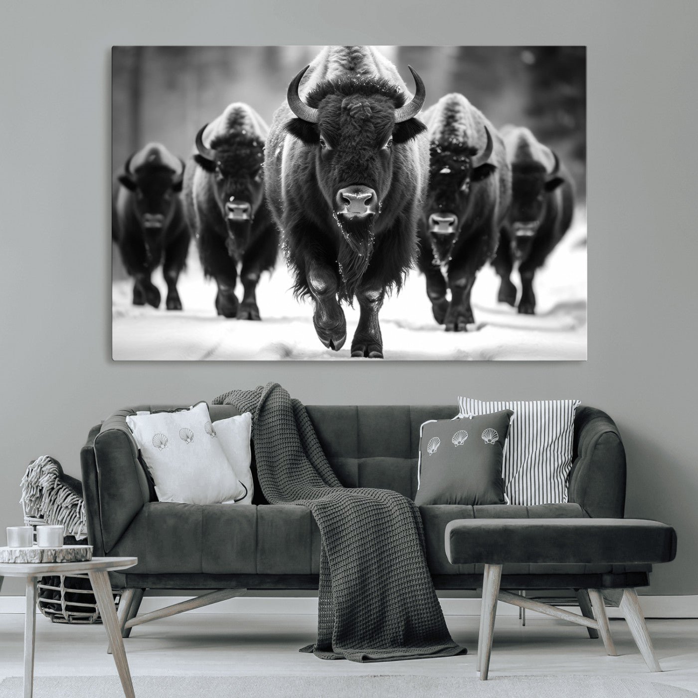 MGV-CV-36X24 - American Bison Art | Buffalo Herd Wall Art Canvas Print, BW American Bison Herd Wall Art Canvas Print