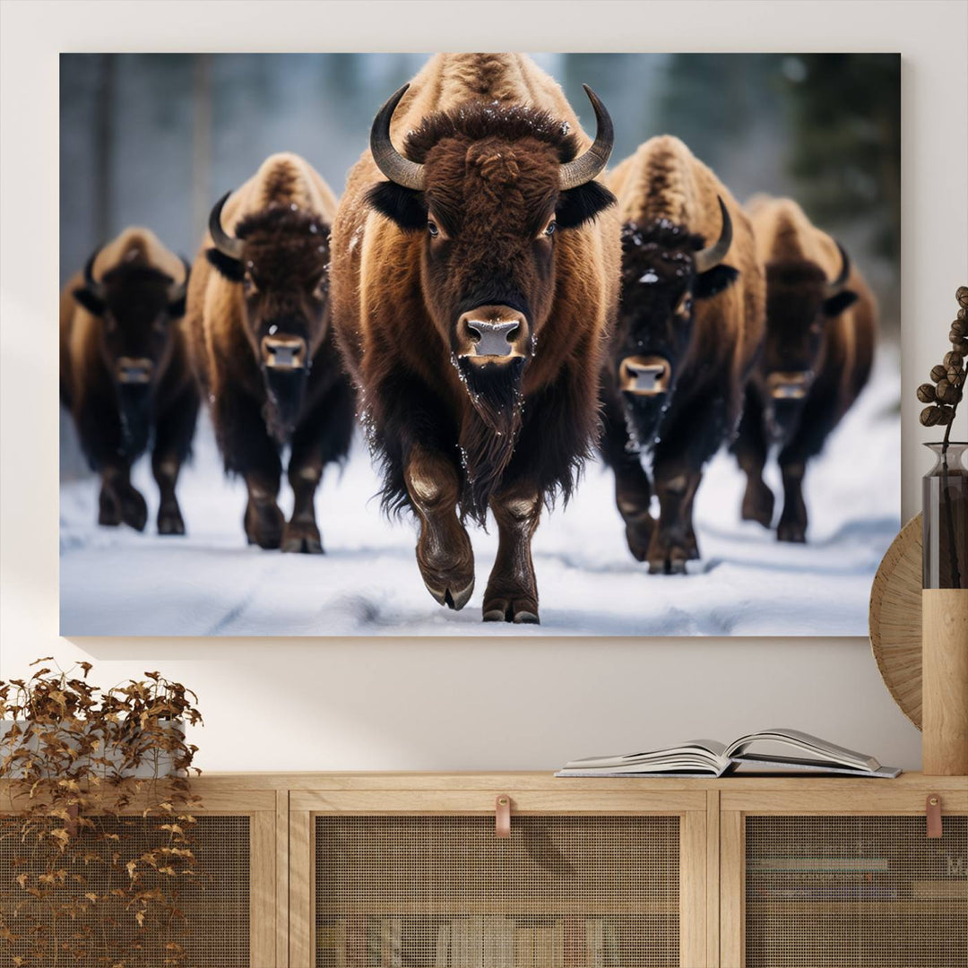 The dining room features an American Bison Herd Canvas Print against the snow.