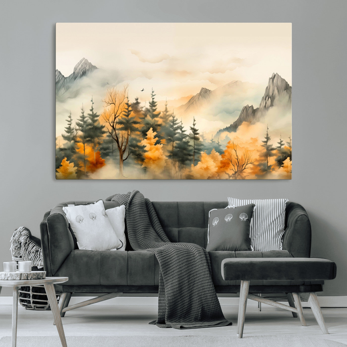 MGV-CV-36X24 - Abstract Watercolor Mountains and Trees Autumn