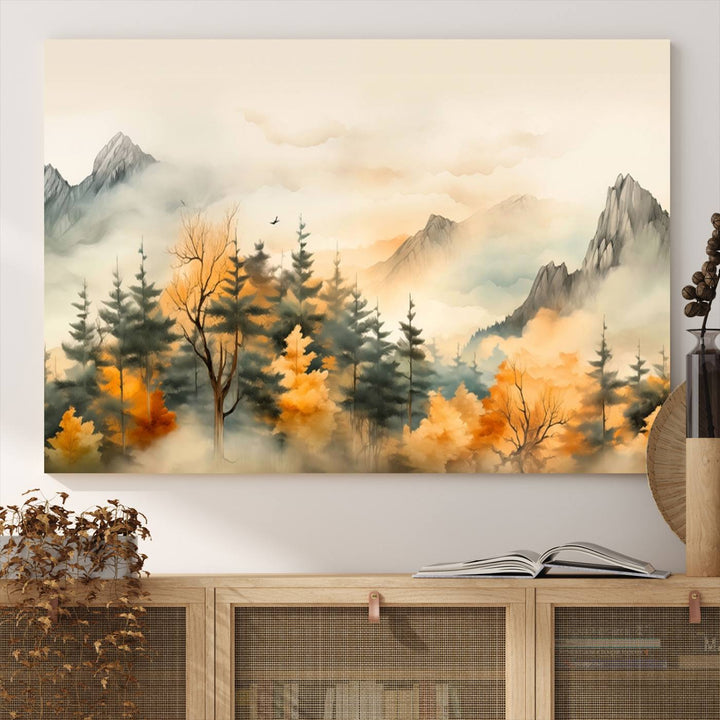 A wall art of Abstract Watercolor Mountains and Trees Autumn on museum-quality canvas.