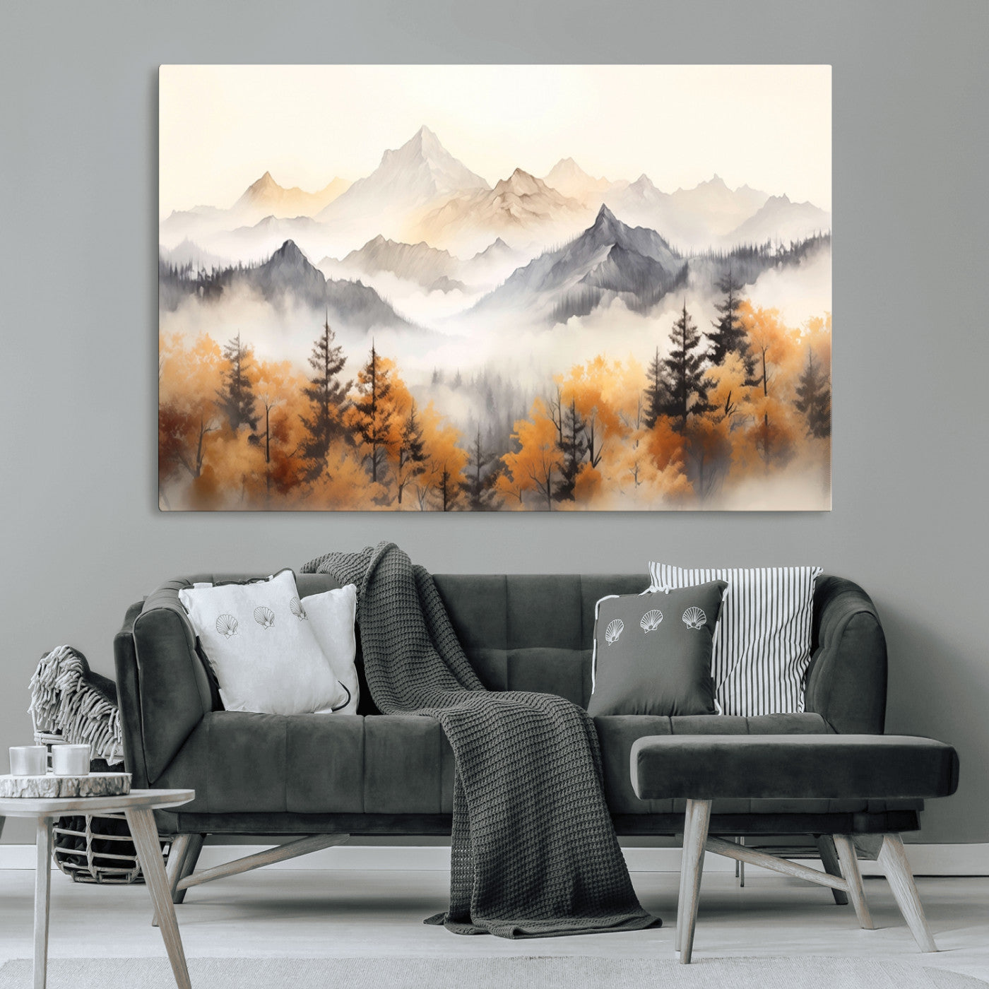 MGV-CV-36X24 - Mountain and Forest Landscape Wall Art | Misty Autumn Forest and Mountains Canvas Print for Living Room, Bedroom, Office | Large Wall Art Decor