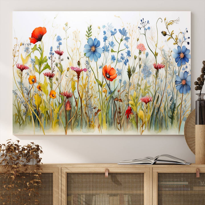 The vibrant Colorful Wildflower Canvas Wall Art adorns the wall.