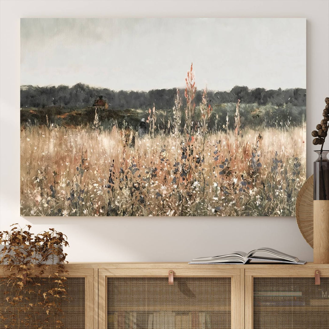 A dining room featuring the Abstract Wildflower Art Field Landscape Oil Painting Print.