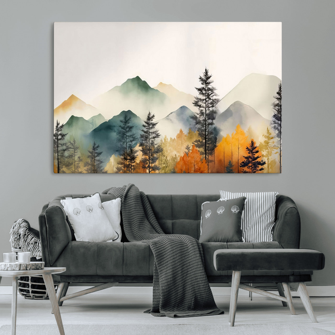 MGV-CV-36X24 - Abstract Watercolor Mountains and Trees Autumn Wall Art