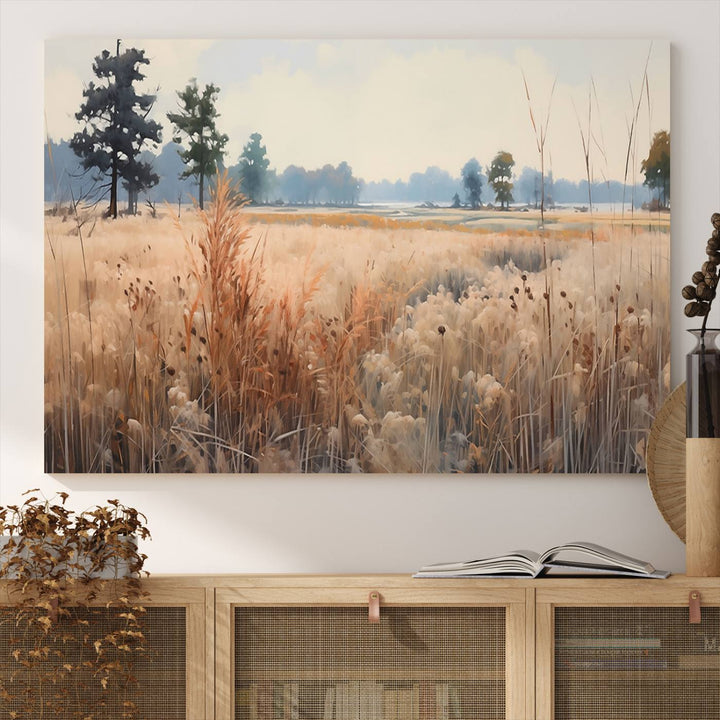 The Golden Fields Canvas Art Print, depicting a serene landscape, adds tranquility with its presence.