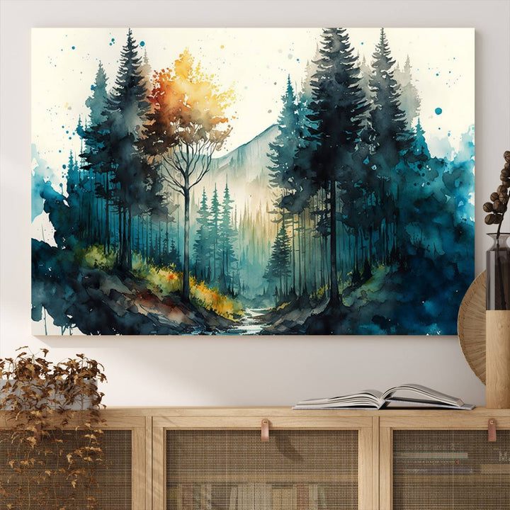 The Watercolor Trees Forest Abstract canvas print is displayed prominently.