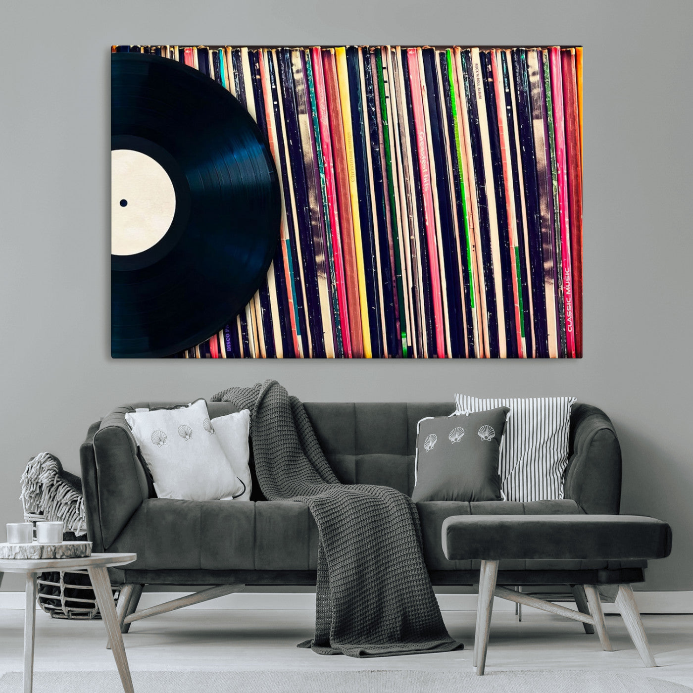 MGV-CV-36X24 - Vinyl Record and Album Collection Canvas Wall Art - Retro Music Decor for Living Room, Vintage Vinyl Lover’s Set