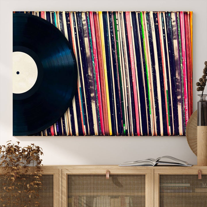 The Vinyl Record and Album Collection Canvas above the dining table enhances the modern kitchen, creating a perfect aesthetic for vintage vinyl lovers.