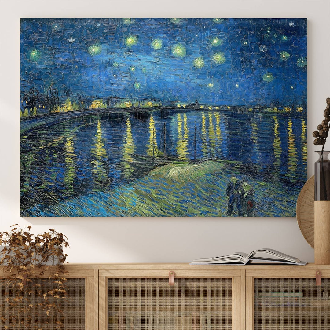 A Vincent van Gogh Starry Night over the Rhone canvas print is displayed on a porch.