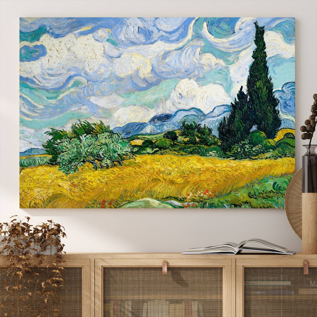 A kitchen featuring Wheatfield With Cypresses Van Gogh canvas wall art.