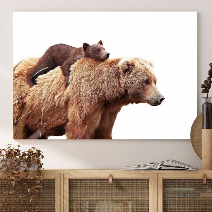 Mother and Baby Bear canvas: an adorable wildlife print displayed on a dark green wall.