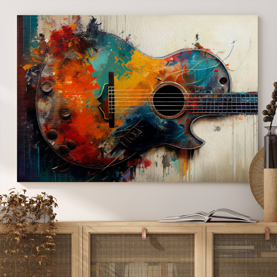 A vibrant guitar wall art canvas is mounted on the wall.