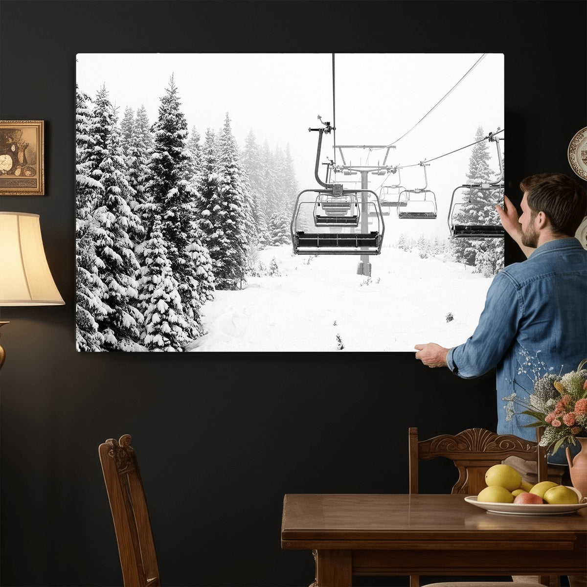 Ski Wall Art | Ski Lift Canvas Print with Snow Covered Spruce Trees, Winter Ski Resort Wall Art