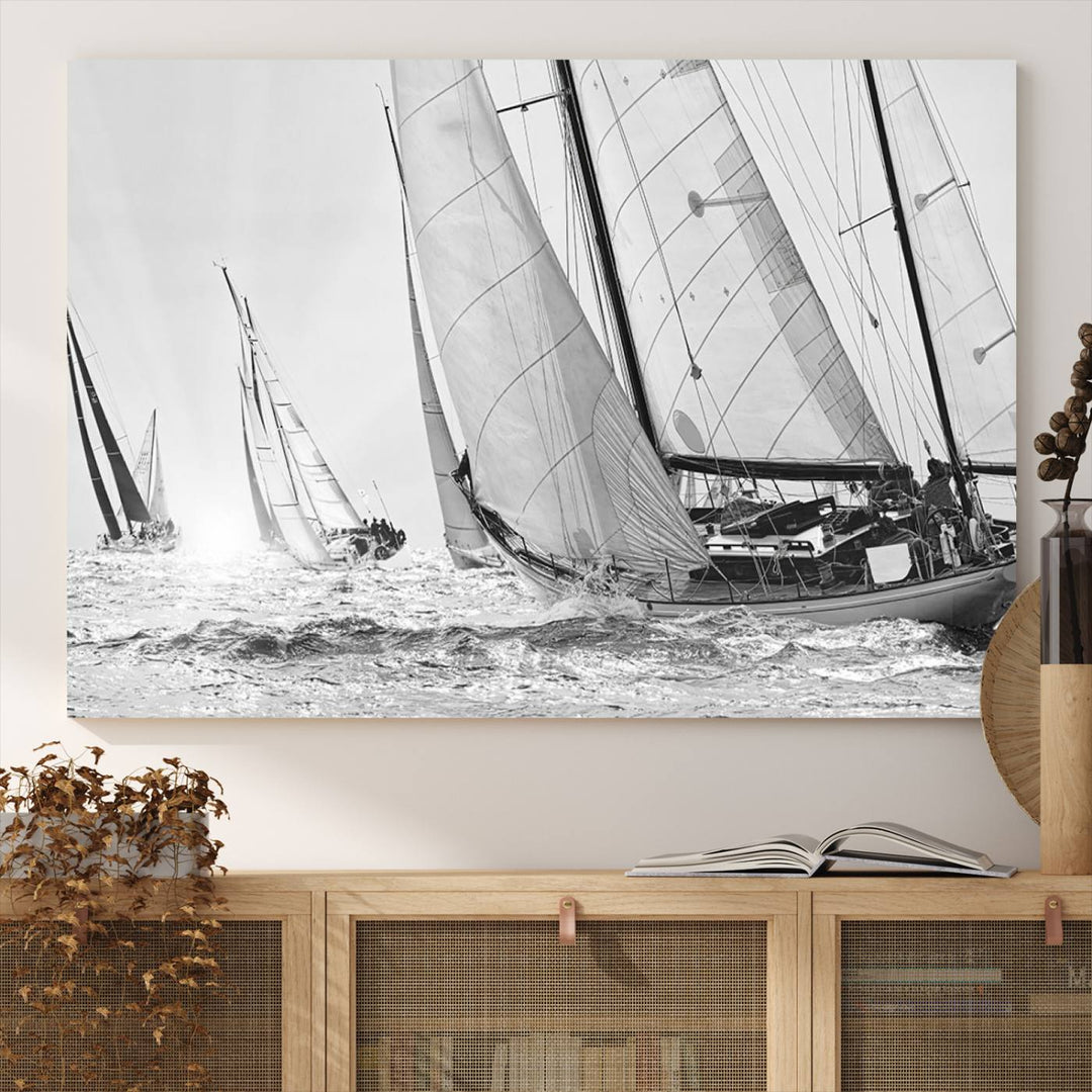 Yacht Sailboat Regatta canvas print on a textured wooden wall.