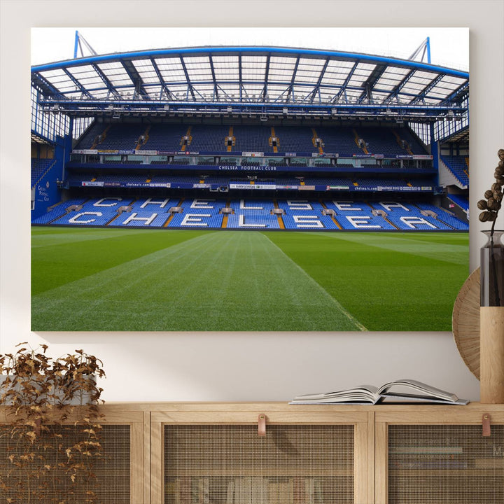 The wall art features a Chelsea FC Stamford Bridge Stadium canvas print.