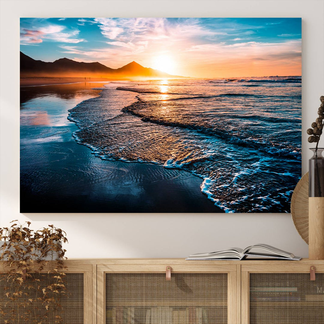 The Sunset Beach Ocean Canvas Wall Art – Tranquil Reflections at Dusk enhances the ambiance with its captivating depiction of serene ocean views at dusk.