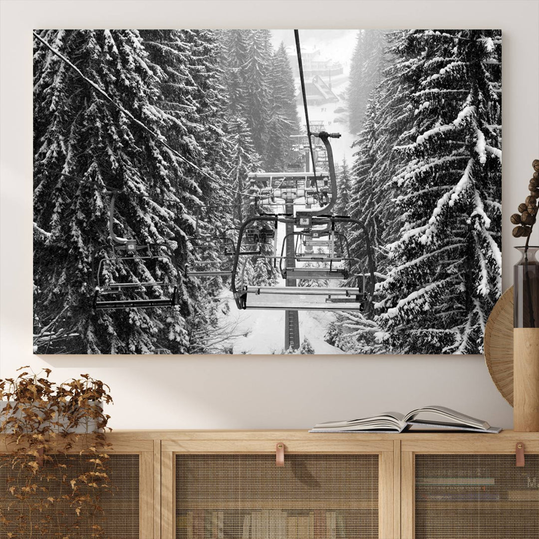 The Winter Ski Lift Canvas in minimalist style adds a unique touch to the dining room.