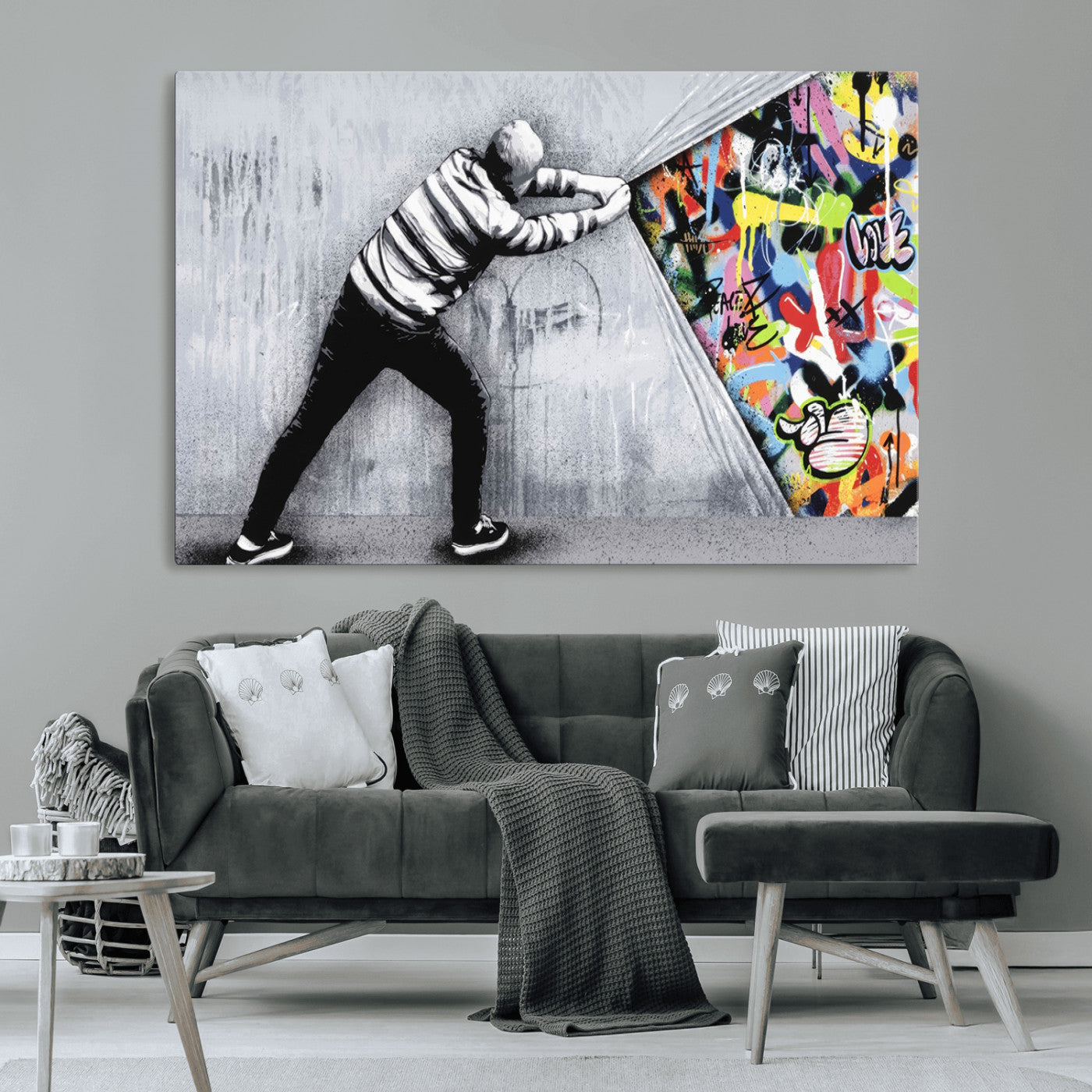 MGV-CV-36X24 - Banksy Art Behind the Curtain Street Wall Art Canvas Print | 3-Panel Urban Graffiti-Inspired Wall Art for Living Room or Office