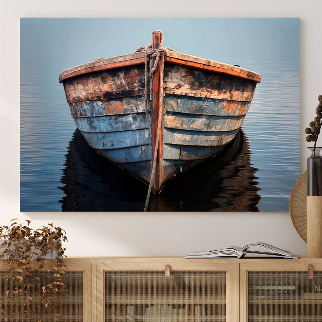 Stunning vintage boat canvas print featuring a calm water scene.