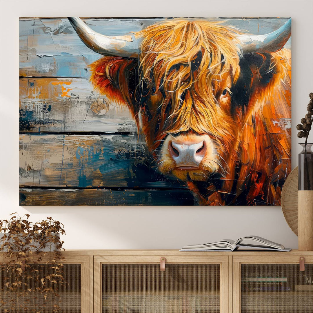 The dining room features Highland Cow Abstract Canvas Wall Art in a farmhouse rustic decor style.