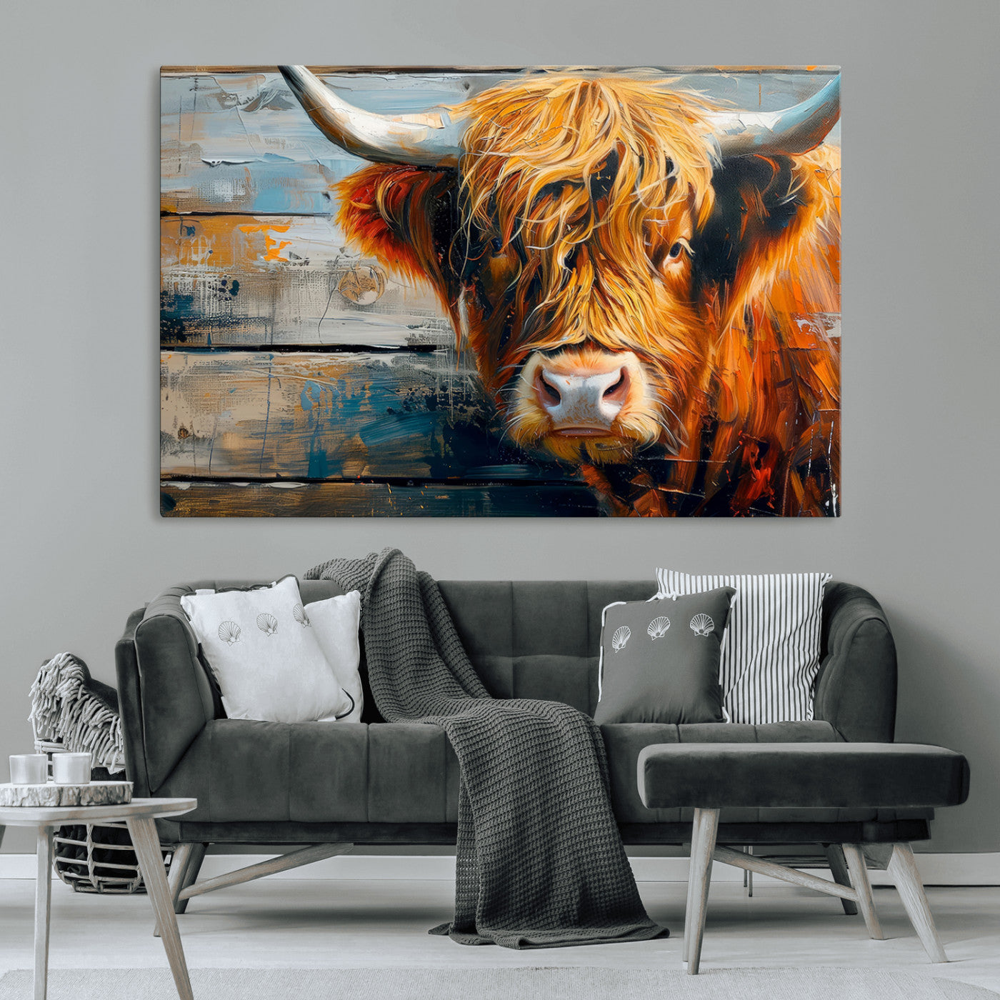 -Highland Cow Abstract Canvas Wall Art – Bold Farmhouse Rustic Decor – Ready to Hang