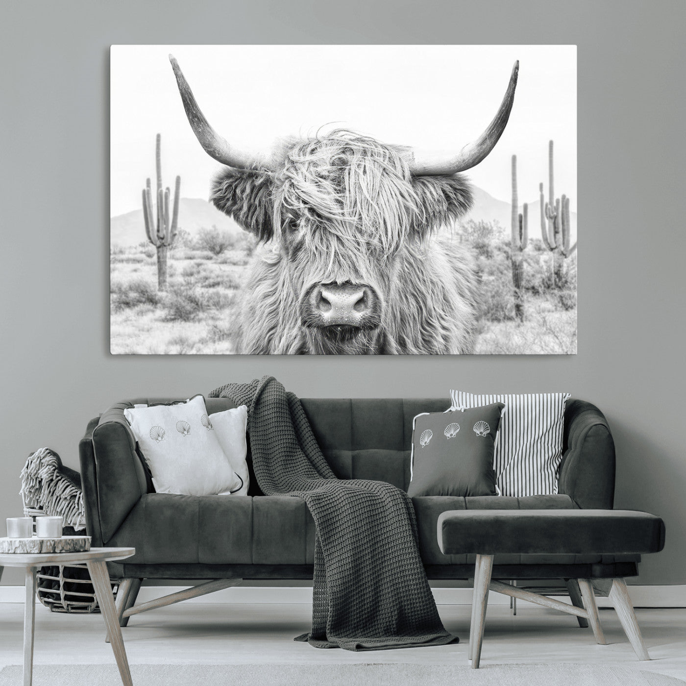 -Rustic Charm | Cow Longhorn Black White Bighorn Wall Art Canvas Print | Farmhouse Wall Art