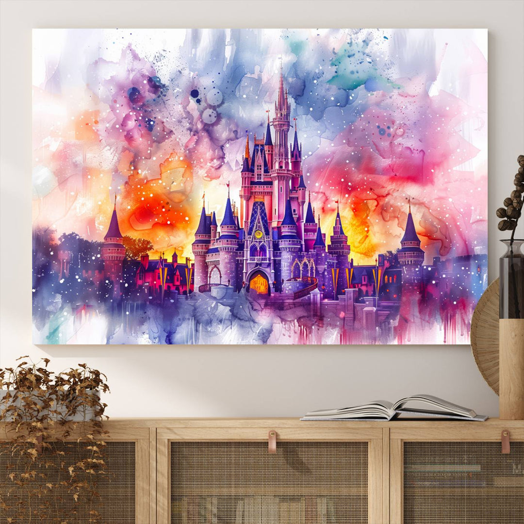 The watercolor Disney Wall Art showcases Cinderellas Castle in pink, purple, and orange hues.