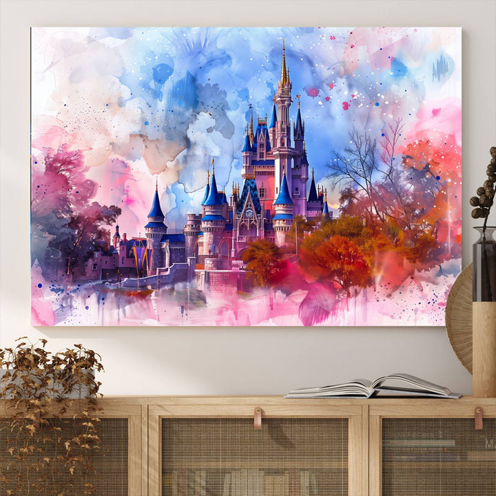 A Disney Wall Art: Dreamy Watercolor Cinderella Castle Canvas Print hangs prominently.