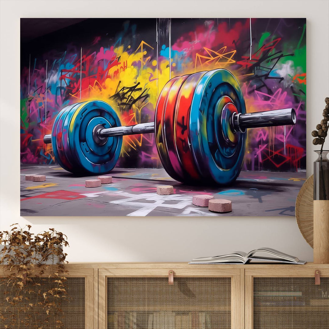 The Abstract Graffiti Barbell Canvas Wall Art is displayed on a porch.