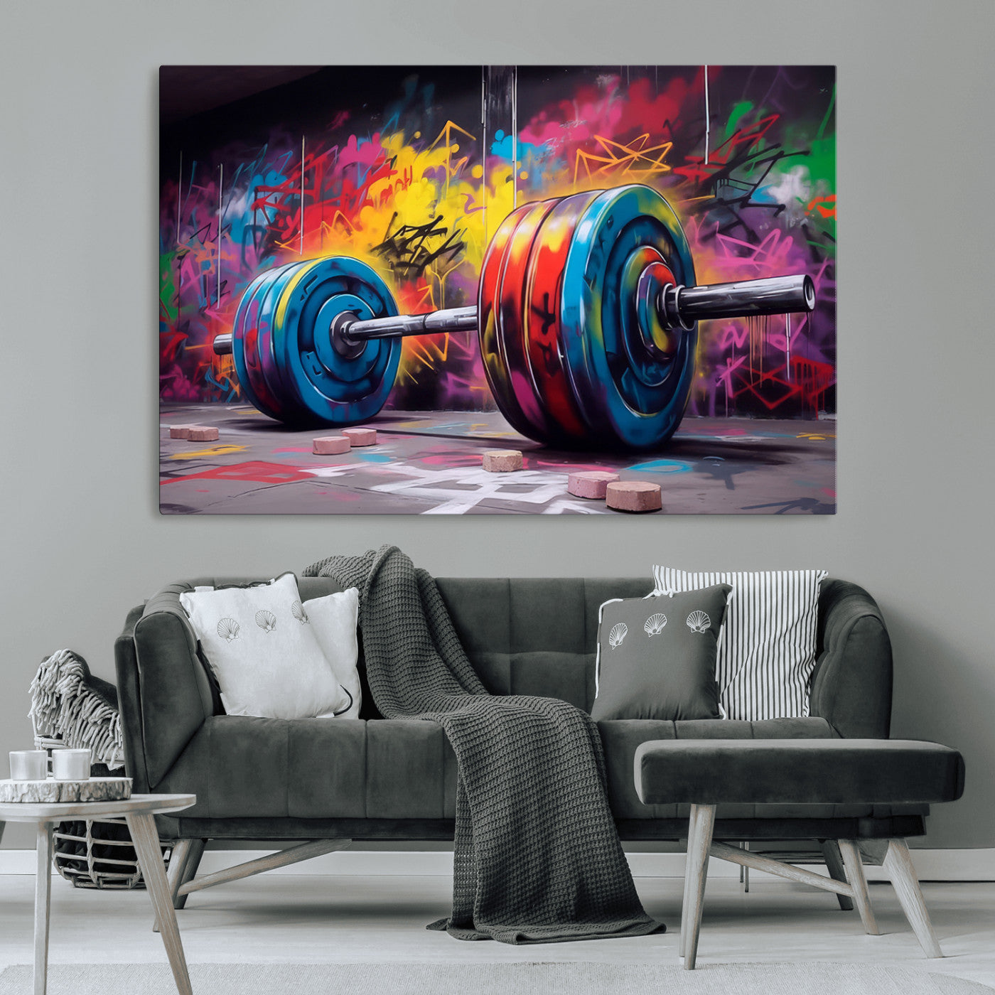 MGV-CV-36X24 - Abstract Graffiti Barbell Canvas Wall Art – Urban Fitness Meets Bold Street Art Print - Gym Wall Art Print