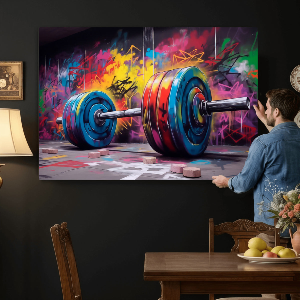13549-MGV-CV-36X24 - Abstract Graffiti Barbell Canvas Wall Art | Urban Fitness Meets Bold Street Art