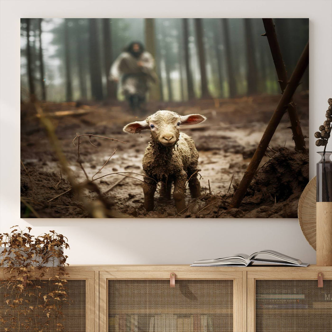 The Jesus Lost Lamb Canvas Wall Art features a heartwarming woodland scene, beautifully capturing the essence of serenity and grace.